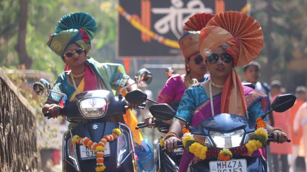 Women ride bikes in style wearing phetas and sunglasses among other traditional accessories at the shobha rally in Goregaon. (Mid-day Photo/Anurag Ahire)